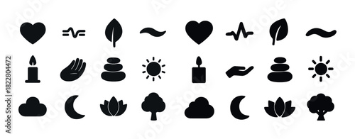 Silhouette icons: heart, leaf, candle, tree, wave, clouds, moon, sun, lotus