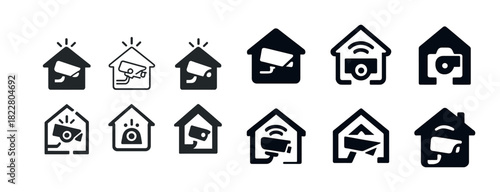 Home security icons set: cameras and alarms inside house shapes