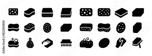 Black icons of various cleaning sponges and brushes in flat design