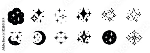 Collection of black star and moon icons in various geometric designs