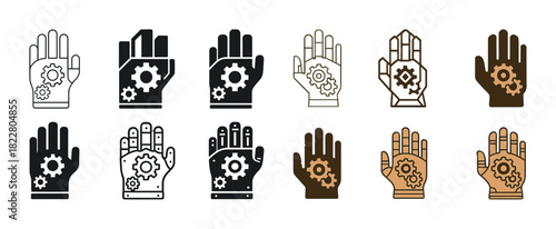 Set of mechanical hand icons: gears, cogs, and robotics in diverse colors and styles
