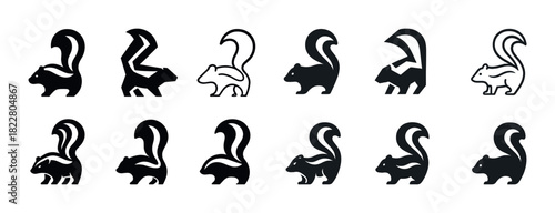 Stylized squirrel and skunk silhouettes in various poses and designs
