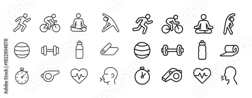 Fitness icons set: yoga, cycling, running, exercise, health, wellness