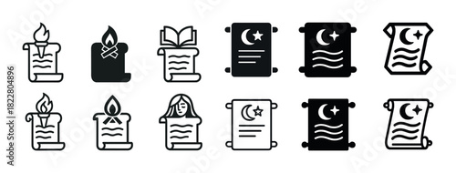 Collection of 12 religious and historical scroll icons with symbols