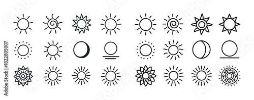 Variety of sun and moon icons: line art illustrations in diverse styles