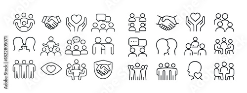 Outline icons representing teamwork, communication, and community