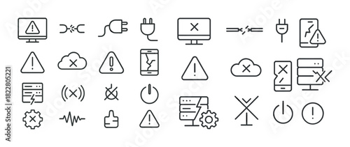 Tech error icons set: computers, phones, power outage symbols for digital issues