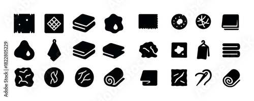 Various black icon set: towels, cloths, spa, fabrics, and cleaning symbols