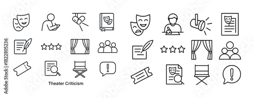 Theater criticism icons: masks, reviews, tickets, and stage elements