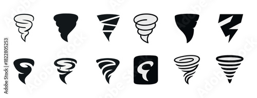 Set of black tornado icons in various stylized designs