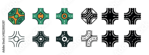Roundabout and intersection road designs in color and monochrome variations
