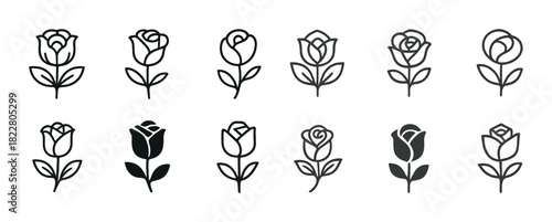 Collection of rose icons in various artistic styles