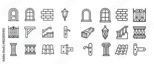 Collection of architectural elements: doors, windows, columns, and railings line art
