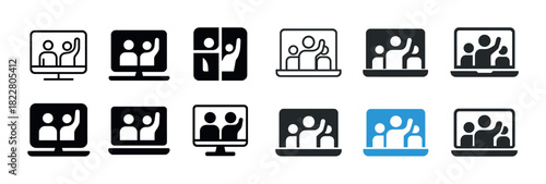 Video call icons set: monochrome and blue variants for communication platforms
