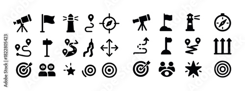 Navigation icons collection: telescope, lighthouse, compass, flag, target