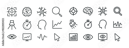 Line icons of brain, neuron, and analytics tools