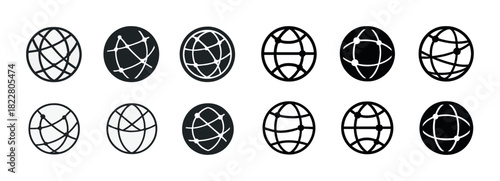 Set of twelve global network icons with various globe designs