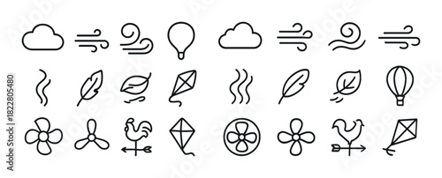 Collection of weather and air icons: cloud, wind, balloon, leaf, kite, fan, rooster