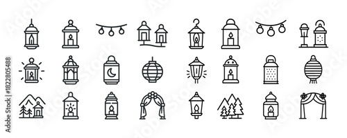Set of decorative lantern and festive string light icons in line art style