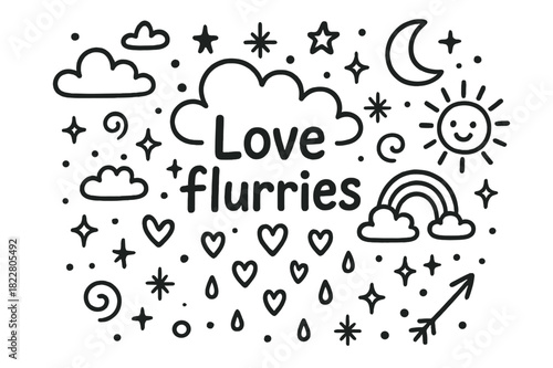 Love Flurries Doodle. Love flurries. Hand-drawn doodle illustration of love flurries. Cloud, falling hearts,