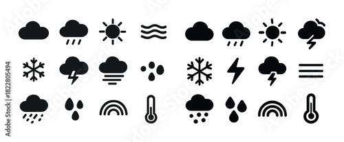 Weather icons: sun, rain, snow, clouds, lightning in black and white