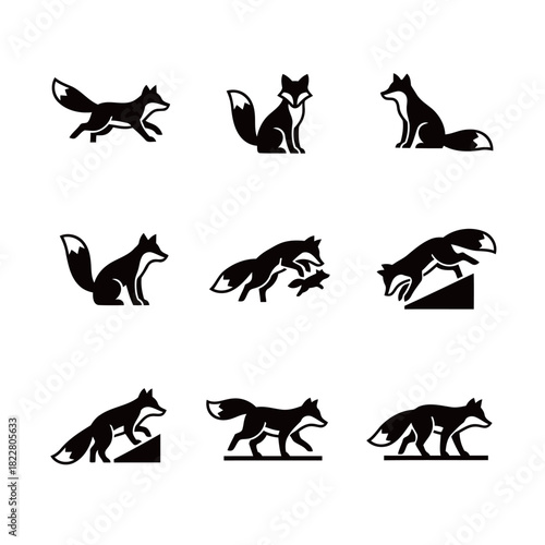 Black Silhouette Fox Icon Set in Different Poses and Hunting Actions