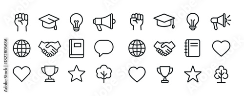 Minimalist icons collection: education, communication, and achievement symbols