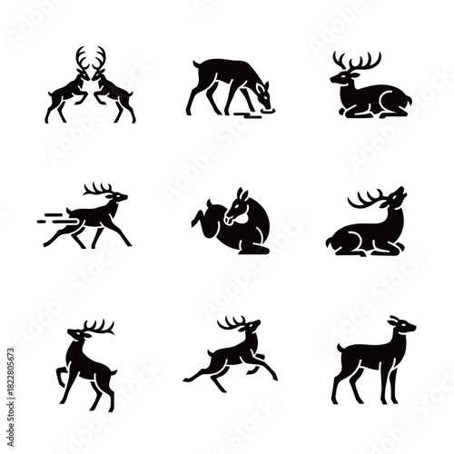 Deer and Buck Black Silhouette Icons Showing Antler Combat and Grazing