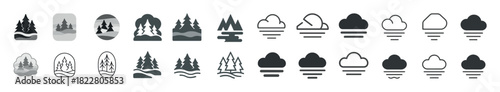 Black and gray nature and cloud icons set with trees and waves