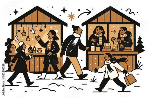 Cozy Winter Market. Street market with winter crafts and gifts. Cozy outdoor stalls with handmade ornaments,