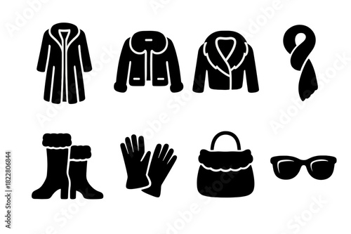 Fur Coat Icon Set. Fur coat fashion illustration. Filled icon set of fur coat fashion illustration: long fur