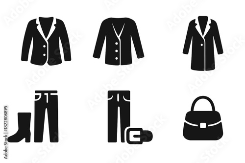 Layered Wardrobe Icons. Layered wardrobe. Filled icon set of layered wardrobe: blazer, cardigan, scarf, long