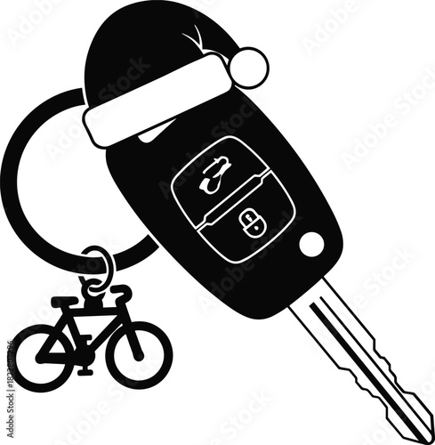 Black car key with bicycle charm and Santa hat icon automobile vehicle
