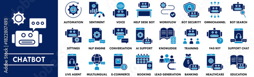 Chatbot duotone icon collection set. Containing design ai, support, chat, technology, robot, online