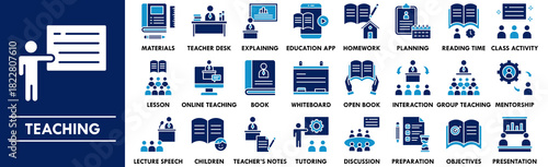Teaching duotone icon collection set. Containing design education, school, teaching, study, knowledge