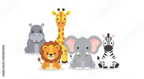 Cute African animals, including a baby hippo, giraffe, lion, elephant, and zebra, standing together in a charming 2D flat vector illustration on a bright white background.