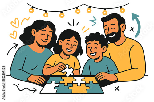 Family Puzzle Time. Peaceful family time. A finished puzzle on the table, family members smiling and relaxed