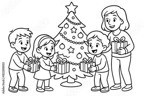 Family Gift Exchange. Family Secret Santa children?s coloring book illustration, outlined drawing, kids and