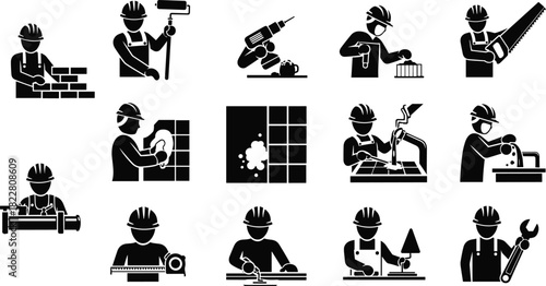 Construction worker icons showing various building and repair tasks vector