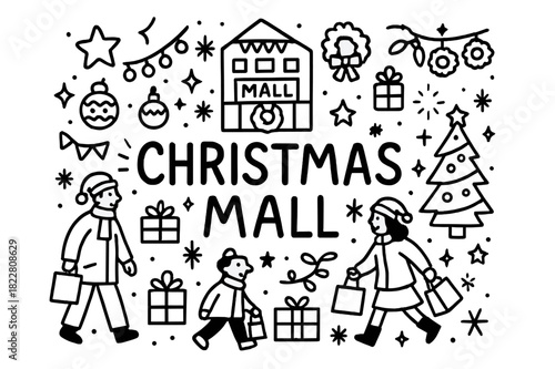 Festive Mall Doodle. Christmas mall. Hand-drawn doodle illustration of Christmas mall. Mall building, string