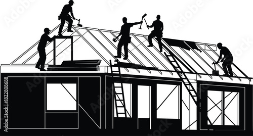 Construction workers building house roof frame silhouette vector