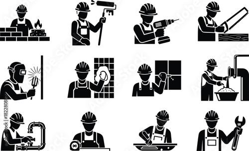 Construction workers performing various building and repair tasks builder mason