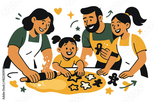 Festive Family Baking. Baking together. Family rolling dough, cutting cookie shapes, small flour clouds in the