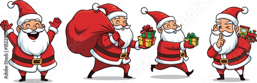 Four cartoon Santas in red suits with white trim and black boots holding gifts and a toy train Santa Claus