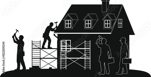 Silhouette construction workers building a house with scaffolding and tools home
