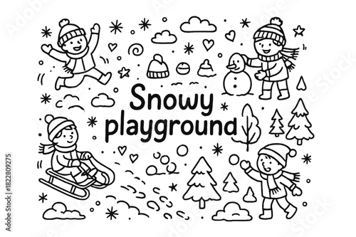 Snowy Playground Doodle. Snowy playground. Hand-drawn doodle illustration of Snowy playground. kids,