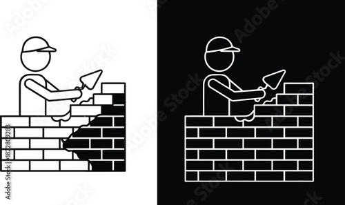 Person wearing cap building brick wall with trowel and mortar bricklayer construction
