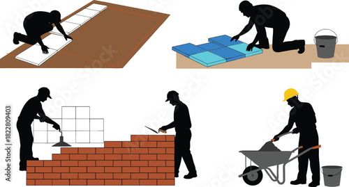 Silhouettes of construction workers laying tiles and building brick wall tiling