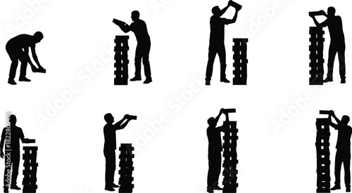Silhouettes of people building tall towers with blocks on white background person woman