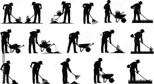 Set of gardener silhouettes black vector collection of people working in the garden with shovel rake and wheelbarrow planting watering and maintaining plants